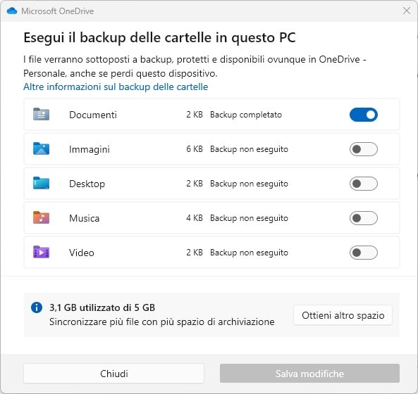 disattivare il backup onedrive su windows