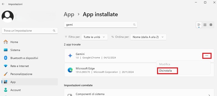disinstallare gemini su windows