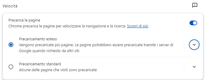 velocizzare chrome con il precaricamento pagine