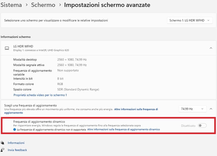 frequenza di aggiornamento dinamico windows 11