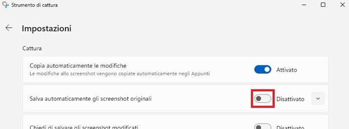 disattivare il salvataggio automatico degli screenshot su windows 11