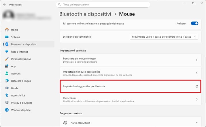 impostazioni aggiuntive del mouse su windows 11