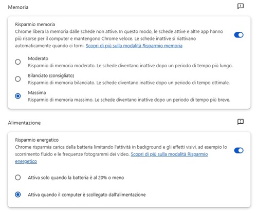 velocizzare chrome con risparmio memoria e risparmio energetico
