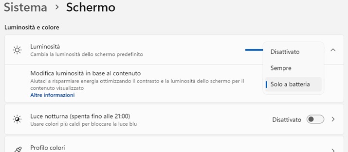 migliora la durata della batteria Windows 11 con luminosità automatica in base ai contenuti