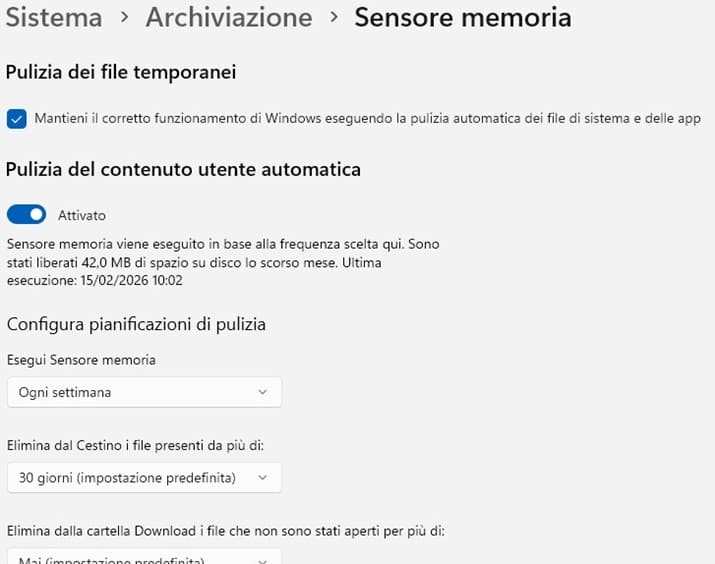 come velocizzare Windows 11 con sensore memoria