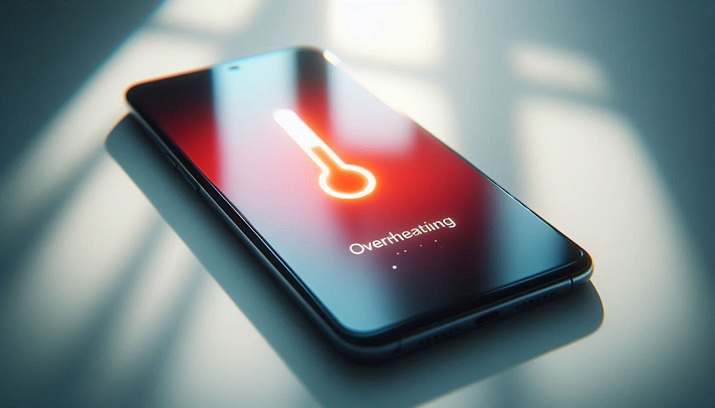 Avviso di surriscaldamento sullo schermo di uno smartphone moderno.