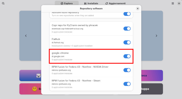 attivare il repository di chrome su fedora nell'app software