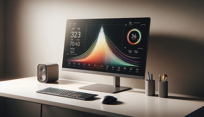 Computer desktop su una scrivania ordinata con grafici di prestazioni sul monitor, immagine moderna e professionale che rappresenta l’ottimizzazione delle prestazioni del PC