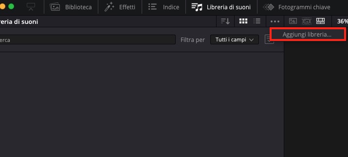 aggiungere libreria audio davinci resolve