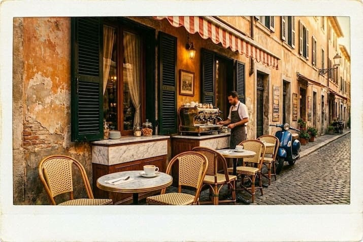 Esempio di fotorealismo creato con AI per creare immagini gratis: foto Polaroid vintage di un tradizionale caffè italiano a Roma