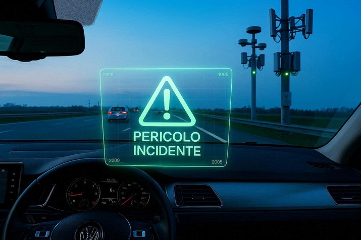 Visuale dell'auto connessa che riceve un alert sul cruscotto grazie alla comunicazione con la strada.