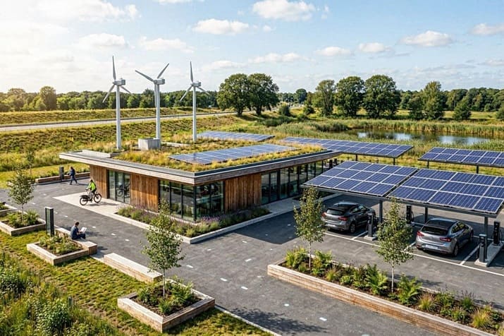 Un'area di servizio ecologica con pannelli solari e mini turbine eoliche.