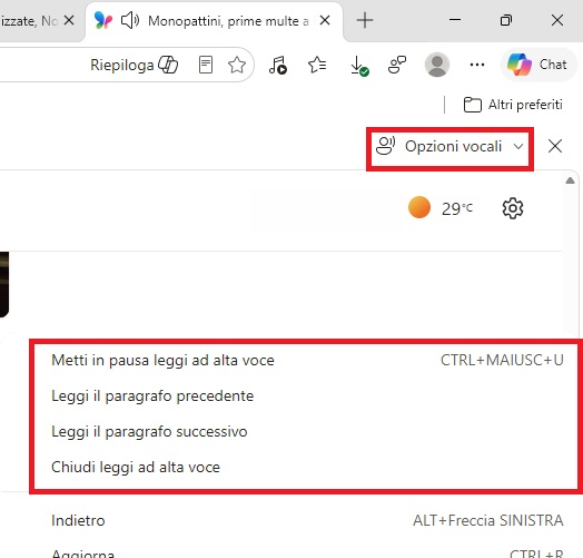menu lettura a voce su edge
