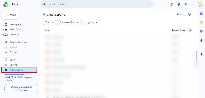 menu archiviazione google drive