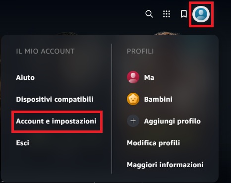 menu account e impostazioni su prime video