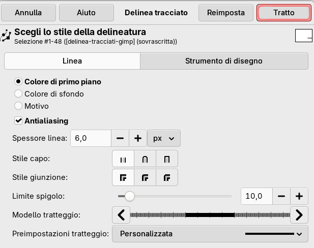 impostazioni di delinea tracciato su gimp