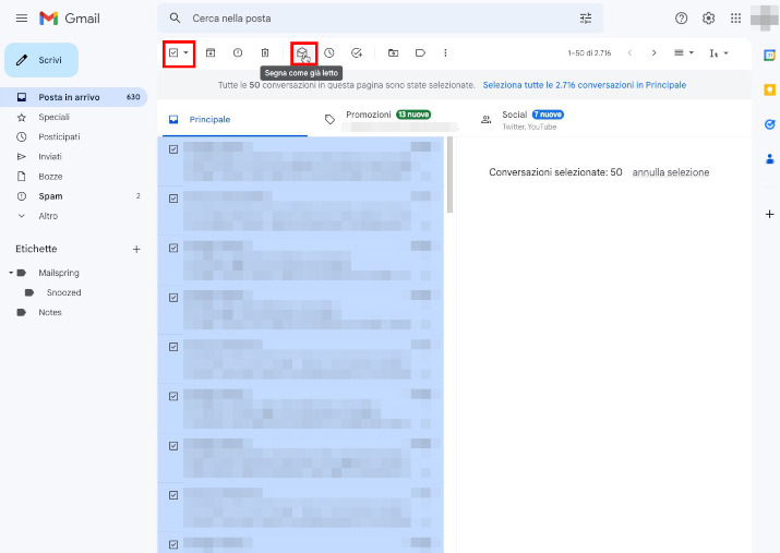 segnare tutte le email come lette su Gmail da pc