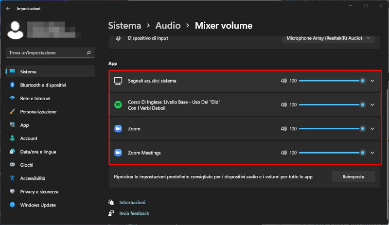 controllare il volume per ogni singola app su Windows 11