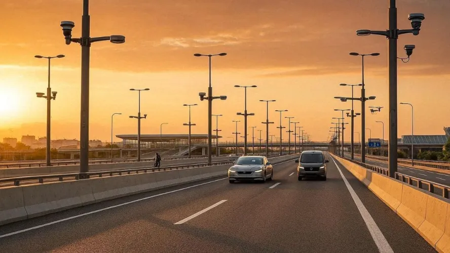 una smart road con i tipici pali hi-tech (smart pole)