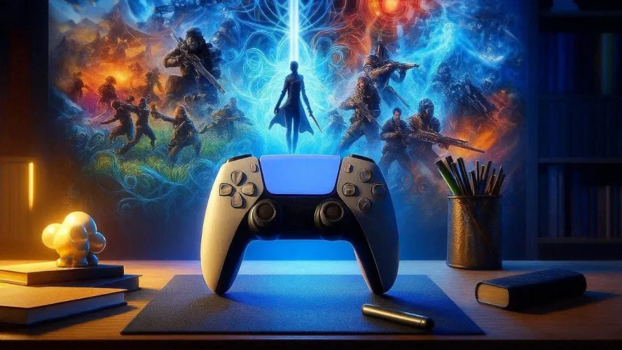 Setup PlayStation 5 con controller DualSense e collage dei migliori giochi PS5 del 2026, in stile realistico e illuminazione blu.