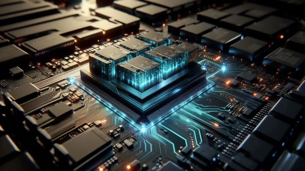 Rappresentazione concettuale di chip con memoria HBM4 impilata, tecnologia ad alta banda per GPU e IA nel 2026