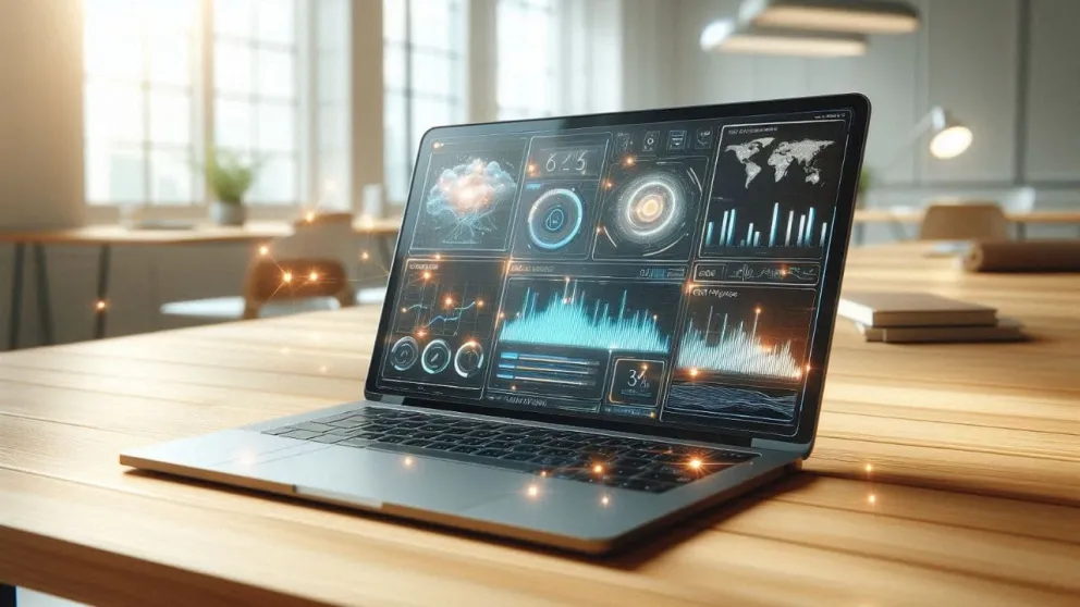 Schermo di un laptop che mostra una dashboard integrata di un software di gestione aziendale in cloud con grafici e intelligenza artificiale